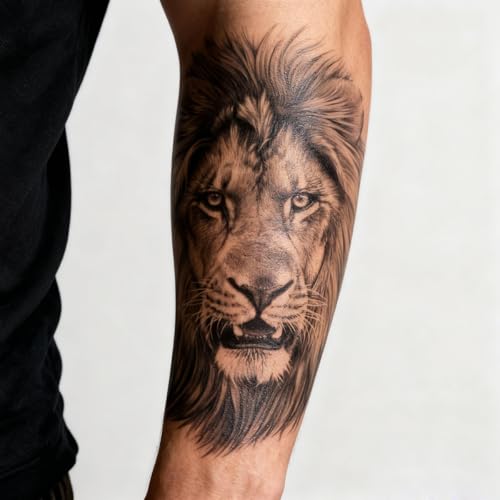 2 Sheets Realistic Animal Temporary Tattoos Stickers Sketch Lifelike Lion Roar Designs For Men Waterproof Arm Leg Fake Body Art, Gym & Parties Bold Masculine Decals
