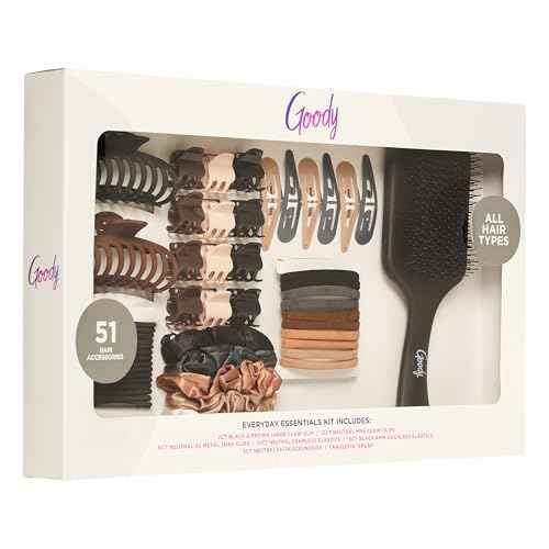 Goody Hair Accessories Kit, Everyday Essentials for Women - 51 PC Neutral Color Set for All Types - Ouchless Damage-Free Ties, SlideProof Claw Clips, Snap Clips, Scrunchies, Tanglefix Brush