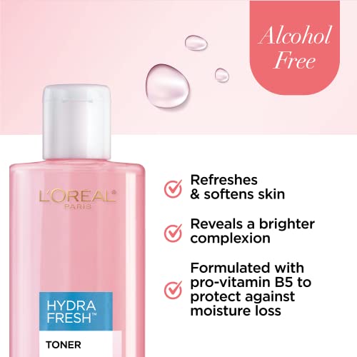 L'Oreal Paris HydraFresh Alcohol-Free Face Toner with Pro-Vitamin B5, Smoother Bright Complexion, 2 Pack