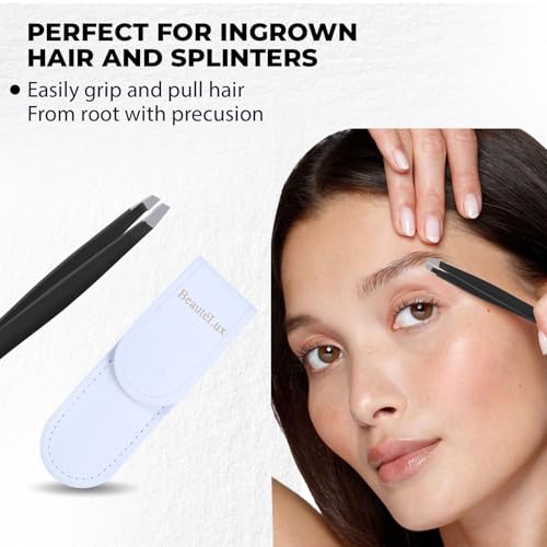 BeautéLux Black Premium Slant Tip Eyebrow Tweezer – Stainless Steel, Leather Case