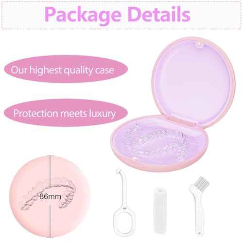 Retainer Case, Slim Aligner Cases for Invisalign, Mouthguard Case with Removal Tools& Aligners Chewies& Brush, Removable Inner Tray Silicone for Easy Cleaning (Pink)