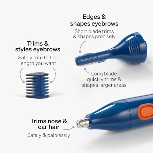 Schick Hair Trimmer, 3-in-1 Trimmer for Nose, Ear & Eyebrows, Painless Hair Removal, Cordless, Quick-Change Attachments, Waterproof, Expert Finish, Unisex Grooming