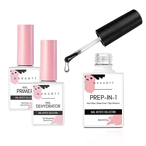 Makartt Nail Primer Natural Nail Dehydrator and Primer for Acrylic Nails Gel Polish Bundle 3 in 1 Nail Glue Gel for Fake Nails(Curing Needed), Super Strong Acrylic Nails Glue