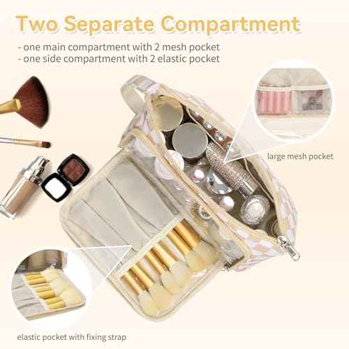 Checkered Makeup Bag Travel Cosmetic Toiletry Bag Make Up Bags with Makeup Brush Organizer Compartments for Women Girls