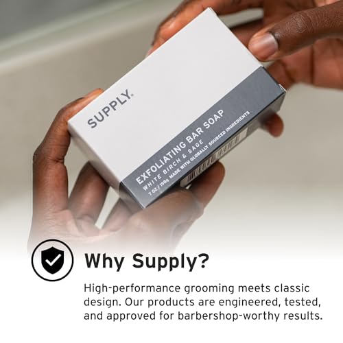 Supply Exfoliating Bar Soap for Men - Mens Bar Soap with Jojoba Beads, Shea Butter & Aloe - Deep Cleansing & Moisturizing Soap Bar - White Birch & Sage Scent - 7 oz