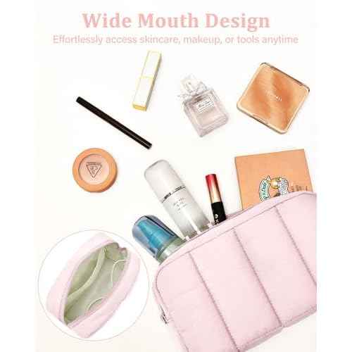 oscaurt 2 Pcs Makeup Bag Travel Toiletry Bag for Women Puffy Padded Cosmetic Pouch Purse Wide-open Makeup Organizer Case Travel Essentials