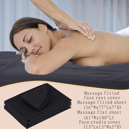 MRJ 3-Piece Microfiber Massage Table Sheet Set with Fitted & Flat Sheets, Face Rest Cover - Black