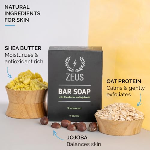 ZEUS Natural Body & Face Bar Soap with Shea Butter & Jojoba Oil, Hydrating & Balancing Cleanser for Men¡¯s Skin Care, Daily Face & Body Wash (Made in USA) Sandalwood