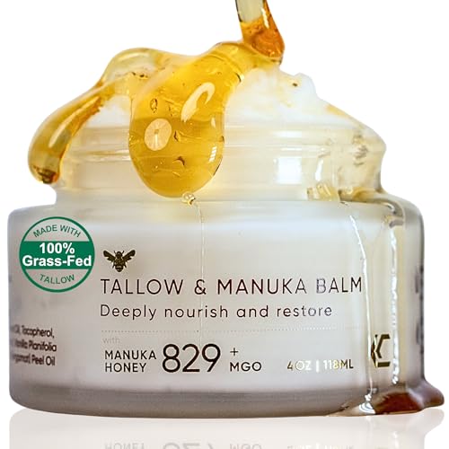 100% Grass-Fed Suet Beef Tallow and Manuka Honey Balm Natural Moisturizer Cream for Face & Body Eczema Relief Cream Moisturizer for Dry Skin Pure Tallow Face Moisturizer for Sensitive Skin