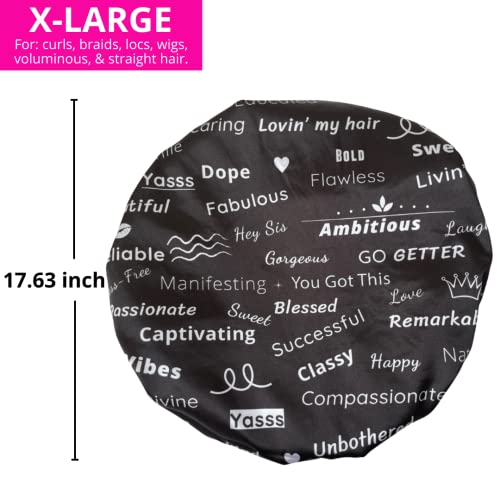 Shower Cap - Extra Large, Black, Satin lined inside, Reversible bonnet, Waterproof outer layer, Adjustable Elastic Strap, Reusable, Washable, Positive Affirmations for Women