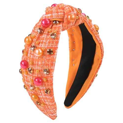 Thanksgiving Knotted Headband Fall Autumn Headbands for Women Crystal Pearl Tweed Headband Jeweled Twist Knot Hairband for Girls Thanksgiving Headpiece Hair Accessories