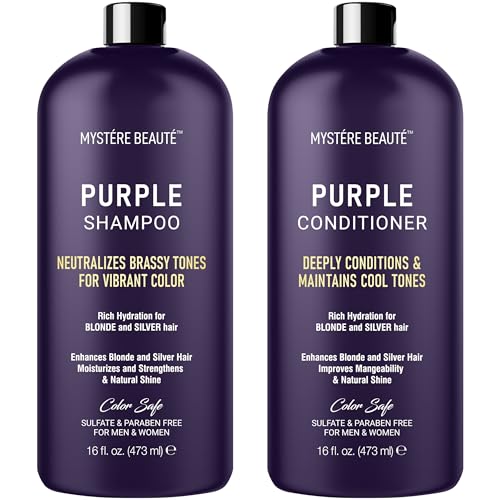 MYSTÉRE BEAUTÉ Purple Shampoo & Conditioner Set for Blonde & Gray Hair - Sulfate-Free 16 fl oz