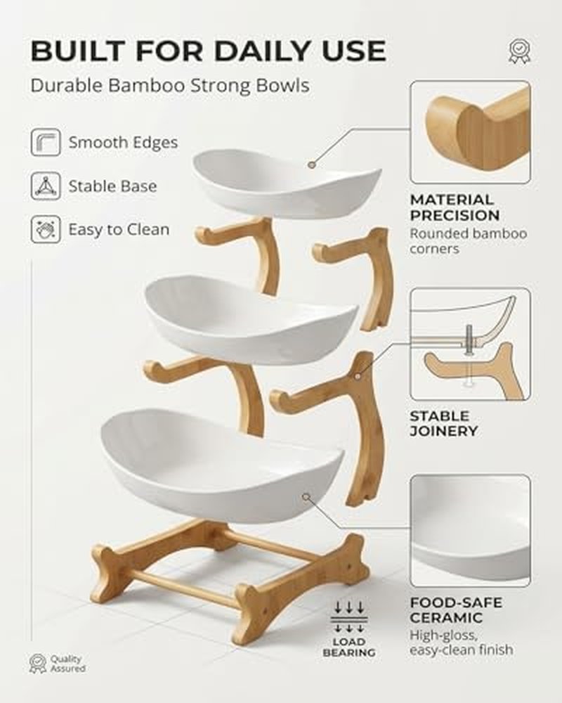 3-Tier Bamboo Fruit Basket with Oval Bowls - Space-Saving Organizer