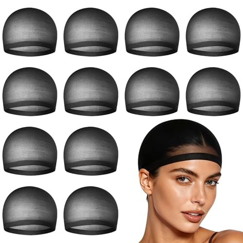 Black Wig Caps for Women and Men - 12 Pack Non-Slip Stocking Hair Nets for Wigs & Cosplay - Black / 12