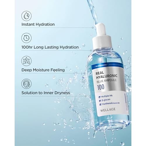 WELLAGE Real Hyaluronic Blue Ampoule 100, Korean Skincare, Fragrance Free Hyaluronic Acid Serum with Panthenol, Wild yam, Centella for Sensitive Dry Skin Moisturizer 1.01 fl.oz