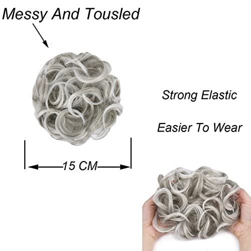 Elaine Hair Buns Hair Piece Messy Tousled Wavy Curly Scrunchies Wrap Ponytail Extensions with Elastic Rubber Band Synthetic Donut Updo Hairpieces for Women Girls (Salt & Pepper)