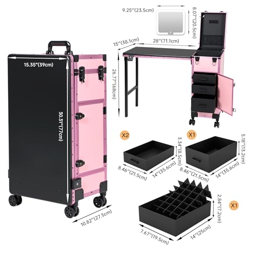 Rolling Manicure Table with Mirror & 3 Drawers, Lockable