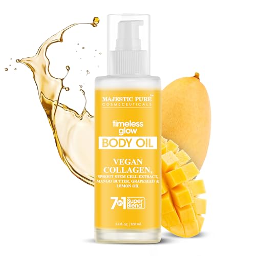 Majestic Pure Timeless Glow Body Oil -100% Pure & Natural Vegan Collagen with Grapeseed, Jojoba, Lemon Oil -After Shower Body Oils for Women and Men - Scented, Radiant, Firming Massage Oil - 3.4 Fl Oz