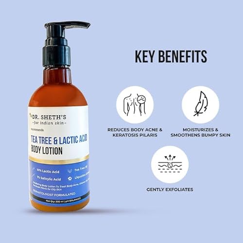 Dr. Sheth's Tea Tree & Lactic Acid Exfoliating Body Lotion | Reduces Body Acne & Smooths Bumpy Skin | Non Sticky Moisturizer for Oily to Normal Skin | Fragrance-Free | 6.76 Fl Oz/200 ml