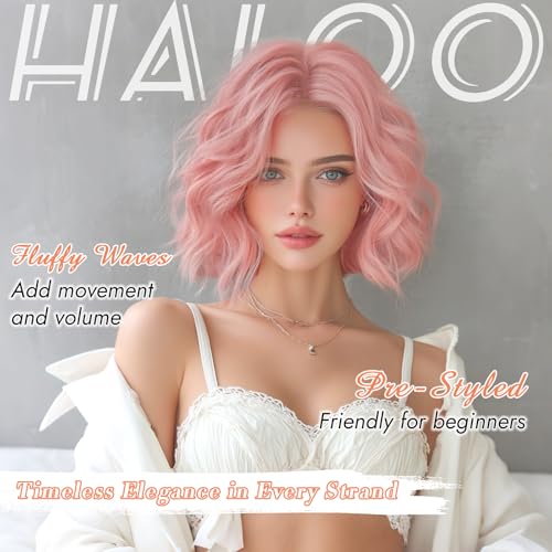 Haloo Pink Bob Wig for Women - Short Soft Wavy Lace Front 11 Inch