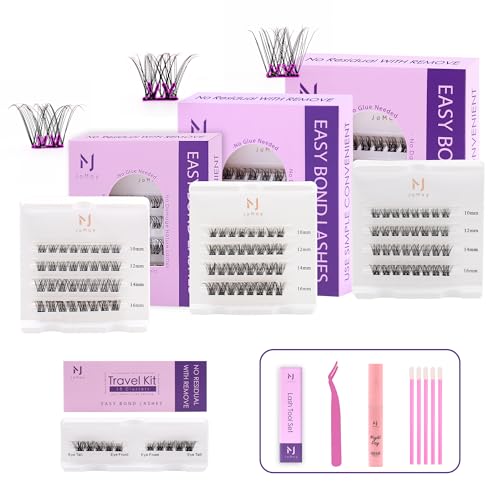 JoMay Self-Adhesive Lash Clusters,Press-On Lashes 10-16mm,Individual Lash Extension Kit with Tweezers,No Glue Needed,Natural DIY Eyelash Extension Kit 3 Boxes (X1-X3-X4)