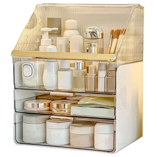 Omeily White Makeup Organizer Countertop Vanity Storage Case with Acrylic Cover