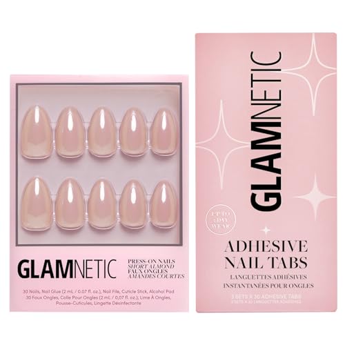 Glamnetic Press-On Nails & Adhesive Nail Tabs - Los Angeles | Blush Nude Pink Short Almond Nails in Glazed Finish | 15 Sizes - 30 Nail Kit with Adhesive Tabs