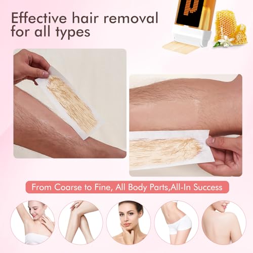 Roll On Wax Kit, Wax Roller Kit - Waxing Kit for Women & Men with 2 Honey Wax Refills & 50 Wax Strips, Home Hair Removal for Body and Legs, Easy Painless & Smooth