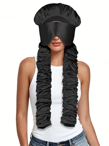 Satin Sleep Bonnet with Eye Mask and Curling Ribbons for Long Hair