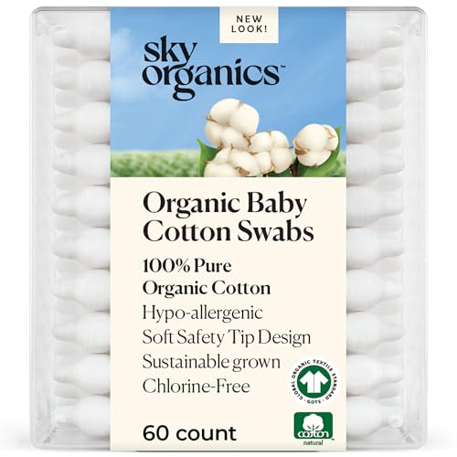 Sky Organics Organic Baby Cotton Swabs 60 Pack - Hypoallergenic, Chlorine-Free, Gentle Care