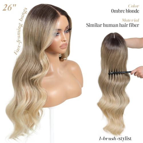 Ombre Blonde Wear and Go Glueless Wig with Bangs Pre Plucked Body Wave Synthetic Lace Front Wigs for Women 13x5x1 Pre Cut Lace Dirty Blonde Wig Middle Part 26 Inch