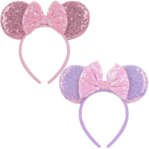 Sotaila 2 Pack Mouse Ears Headbands for Women & Girls - Sequin Bow
