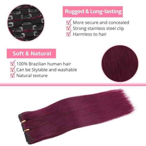 ShowJarlly Clip in Hair Extensions Real Human Hair 16 Inch Straight Clip Ins 8 Pcs Brazilian Remy Hair Extensions for Women #99J Burgundy