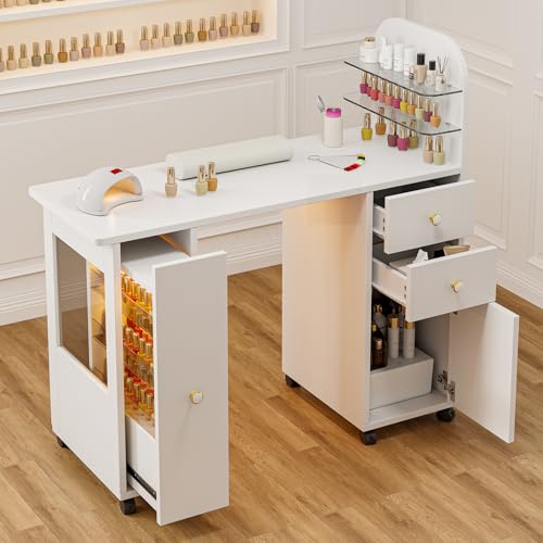 Professional Nail Desk with LED Display Cabinet & Storage