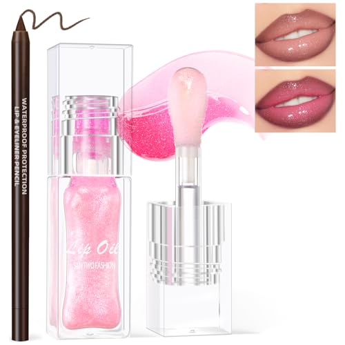 Color Changing Lip Oil with Brown Lip Liner,Big Brush Head Hydrating Non-Sticky Moisturizing Lightweight Magic Pink Glitter Tinted Lip Gloss for Women Plumping Lip Glow Oil for Dry Lips Makeup