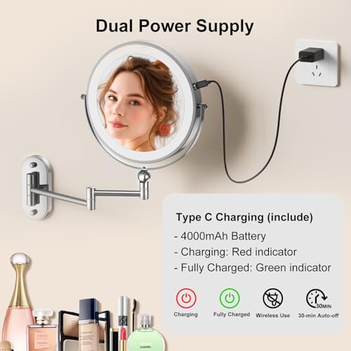 Wall Mounted Lighted Makeup Mirror - 9" Dual-Sided 1X/10X Magnification