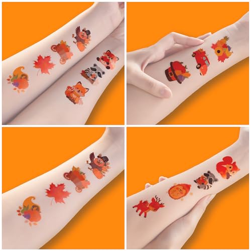 96 PCS Hello Thanksgiving Fall Autumn Pre-Cut Temporary Tattoos for Kids | Cute Themed Birthday Party Favors, Supplies, Decorations, Fake Tattoo Stickers, School Rewards Gifts for Boys Girls