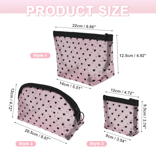 Pink Mesh Makeup Bag Set - 4 Pcs Heart Print Clear Cosmetic Organizer, Travel & Toiletry Bags