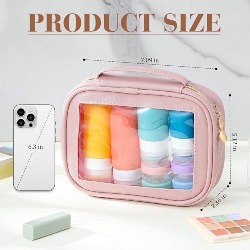 Kigeli 4 Pcs Clear Makeup Bags for Car Essential, Waterproof Clear Travel Toiletry Organizer Leather Makeup Bags with Handle Zipper, Small Cosmetic Pouch Set for Women Car Gift(Pink)