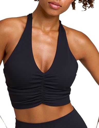 Awwena Women's Serene Scrunch Longline Yoga Sports Bra V-Neck Padded Wide-Strap Crop Top