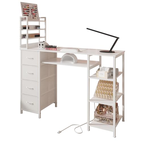 Manicure Table with Drawers & Power Outlet - White Nail Desk