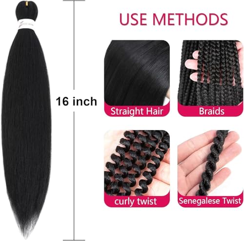16 Inch Pre-Stretched Black Braiding Hair Extensions - 8 Packs