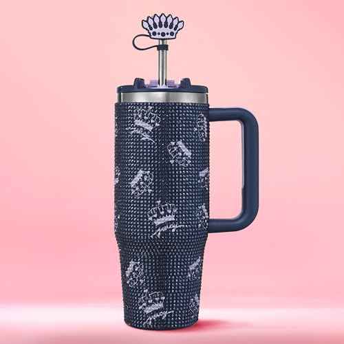 Juicy Couture Jetsetter 30oz Rhinestone Tumbler with Handle and Straw Topper, Navy Blue Crowns