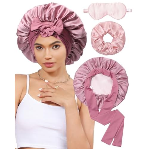 100% Mulberry Silk Bonnet for Sleeping Women Silk Hair Bonnet Elastic Tie Band Hair Wrap with Silk Hair Scrunchies and Silk Sleep Eye Mask(Bean Paste+Pink)