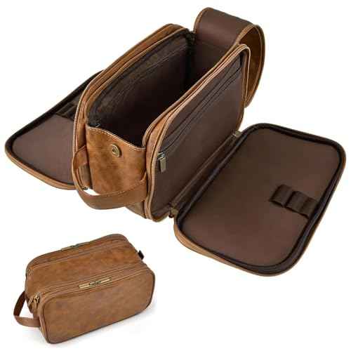 Toiletry Bag for Men,Large Leather Dopp Kit & Travel Organizer, Water-Resistant Shaving Bag for Traveling Gift for Him (Brown)