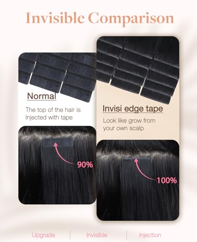 GOO GOO Invisi Edge Tape in Hair Extensions, Virgin Remy Human Hair, 6pcs 10" Jet Black