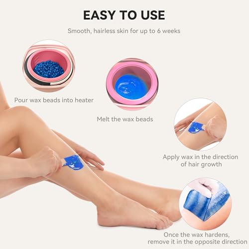Waxing Kit for Women Men, Digital Wax Kit with Silicone Bowl & 4 Bags Hard Wax Beads, Portable Wax Warmer for Sensitive Skin Full Body Hair Removal, Brazilian Bikini, Eyebrow, Face (Pink)