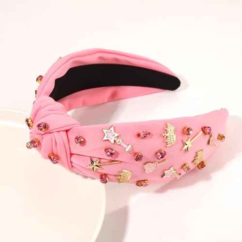 Pink Witch Headbands for Women Girls Princess Crown Wand Knotted Headband for Glinda Fans Witch Birthday Halloween Party Favors Hair Accessories