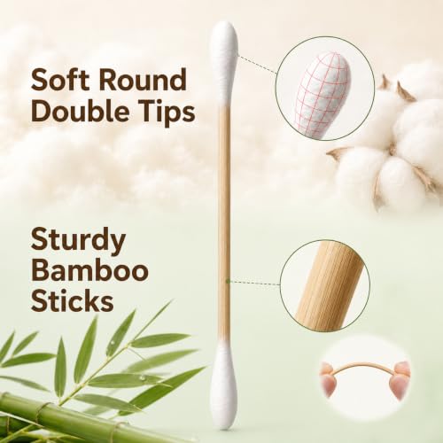 Meanhoo 1000ct Bamboo Cotton Swabs - Double Tips in Storage Box, Soft & Sturdy