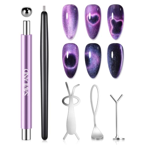 SAVILAND Purple Cat Eye Magnet Set for Nails with Double-Head & Heart Design - 5PCS